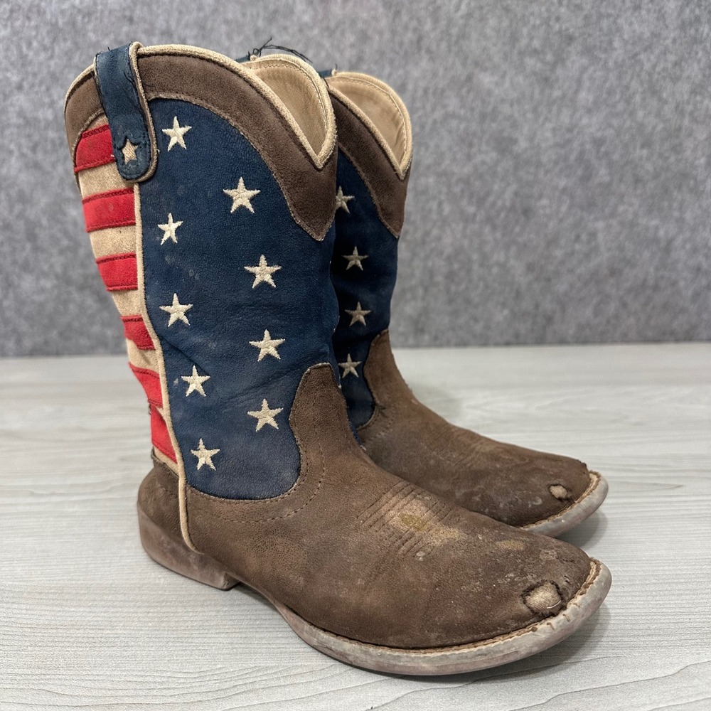 Roper American Patriot Cowboy Boots Kids 1 Brown USA Flag Western Square Toe